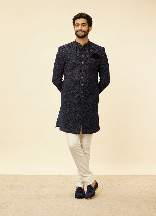 alt message - Manyavar Men Deep Blue and Grey Imperial Patterned Indo Western Set image number 2